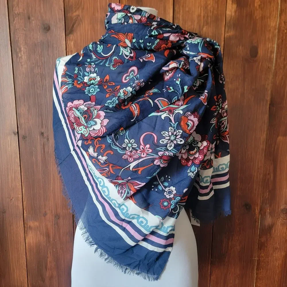 NWT Talbots Blue Floral‎ Scarf 100% Modal Pink Aqua Orange Vibrant Print Fringe